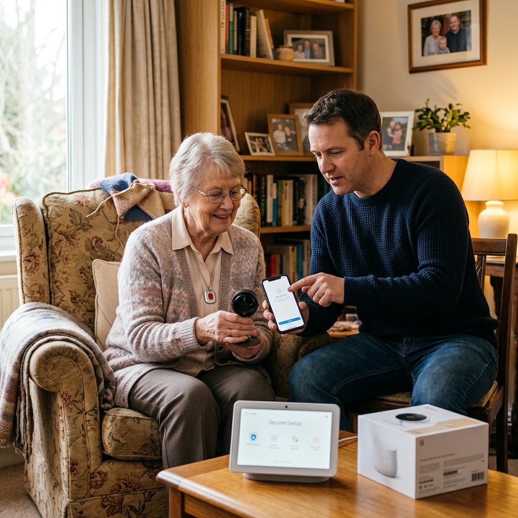 An adult child and parent choosing home safety options together