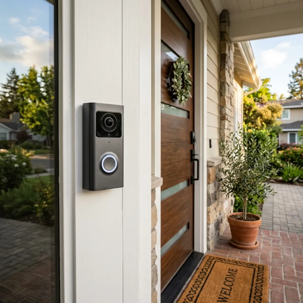 Older adult screening a visitor with a video doorbell