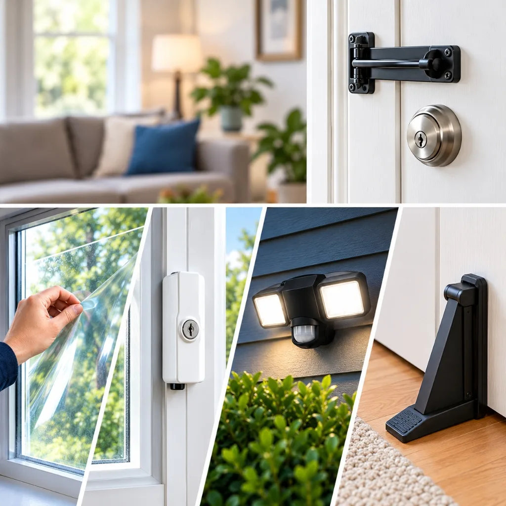 No-permission renter security upgrades: window film, door reinforcement, motion light, and door jammer