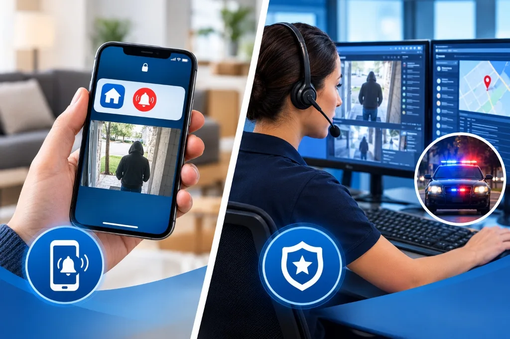 A renter receiving a door-sensor alert on their phone and a monitoring center operator