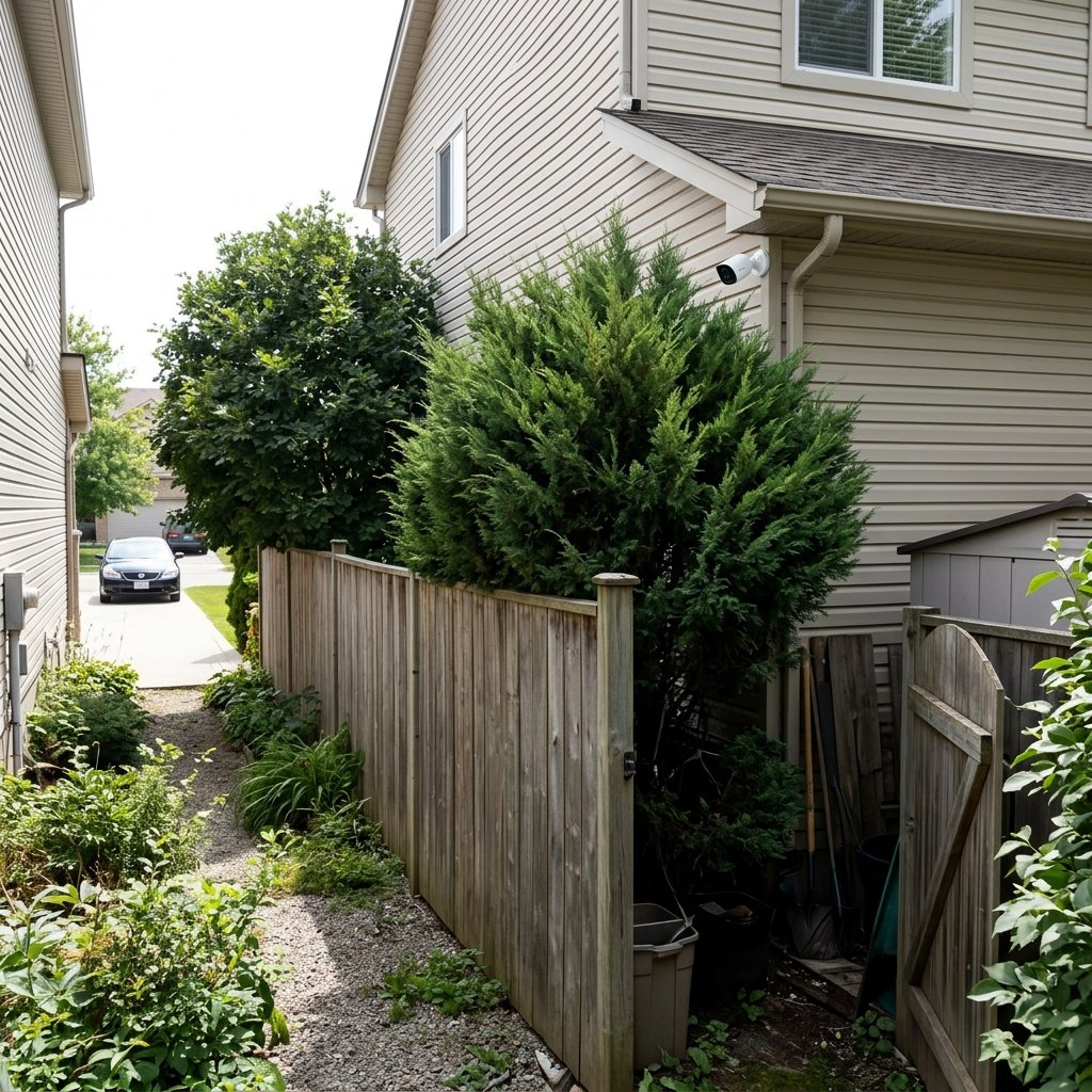 Side yard fence line, a common security camera blind spot