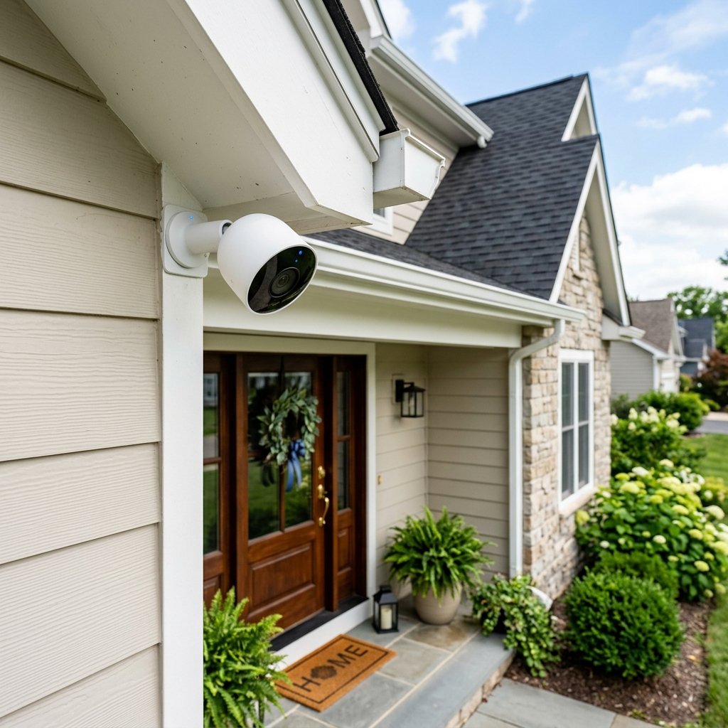 Outdoor security camera mounted under an eave covering a front door