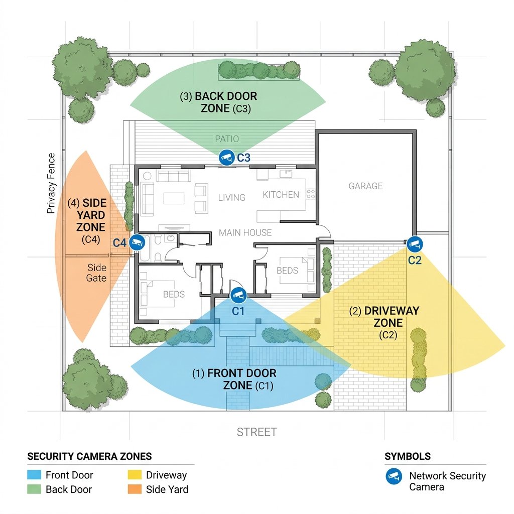Diagram of home security camera placement zones