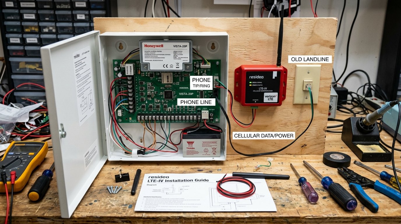 Cellular module replacing a landline connection on an alarm panel