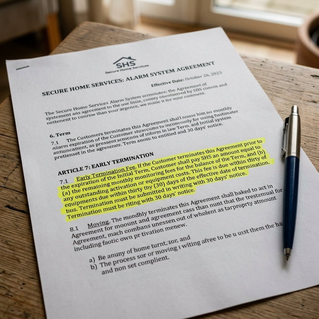 Home security contract with the early termination clause highlighted