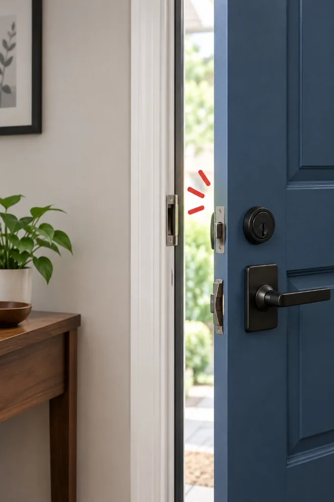 A door left slightly open with a misaligned door sensor, a common false-alarm cause