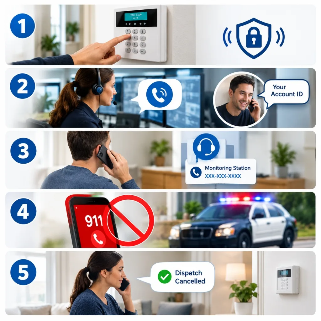 The five steps to cancel a false-alarm dispatch: disarm, take the verification call, call the monitoring station, never call 911, and confirm the dispatch is cancelled