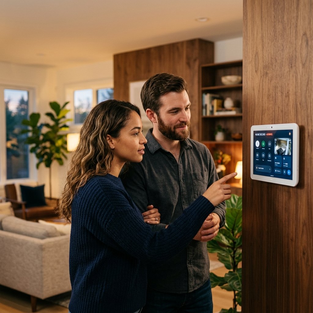 First-time buyers looking at a home security panel