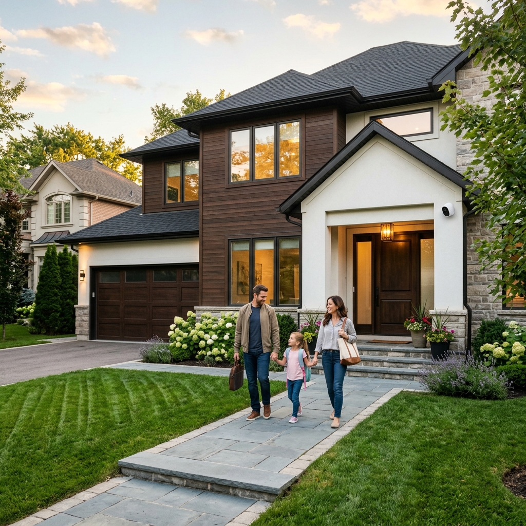 US family home with modern security camera at entryway