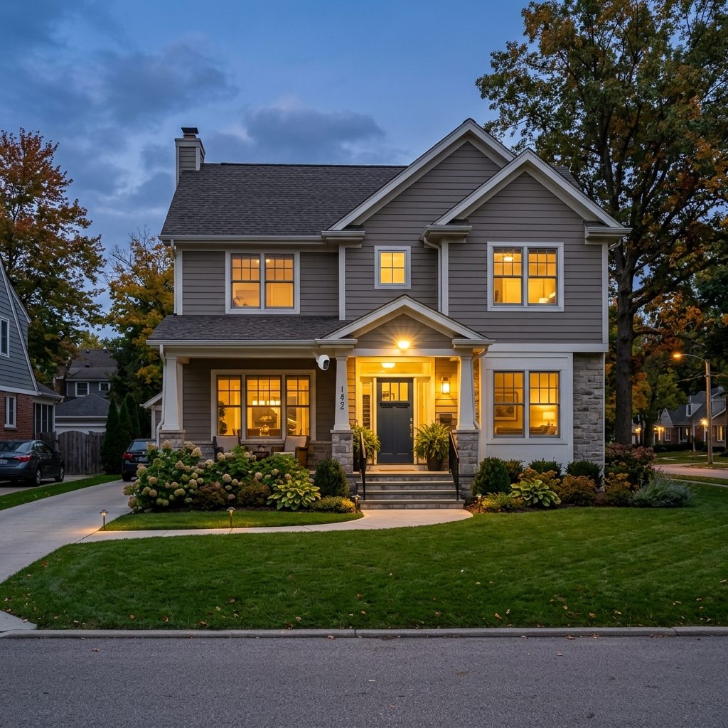 US home exterior with visible security camera deterring burglars