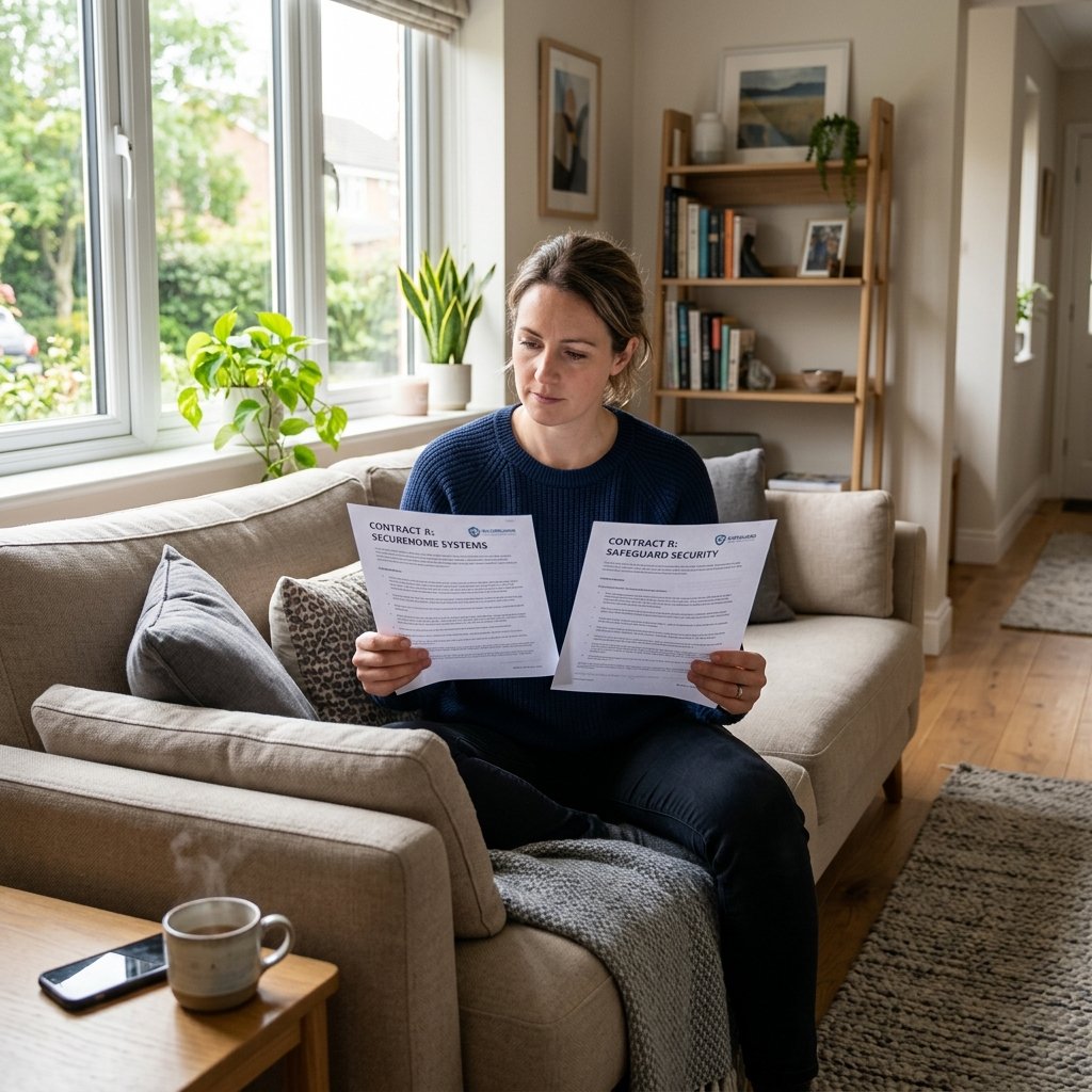 Homeowner comparing home security provider contracts at home