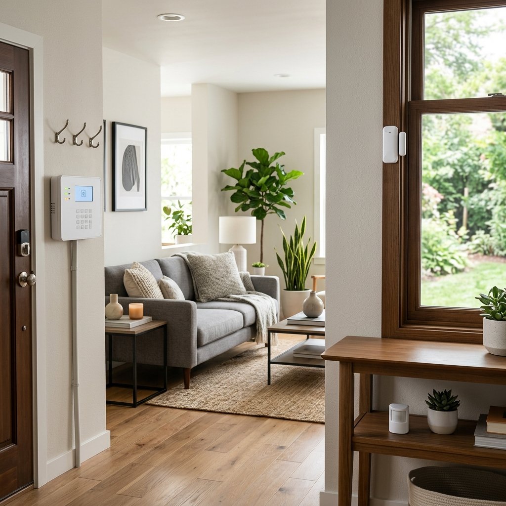 Hybrid home security system showing wired panel combined with wireless sensors