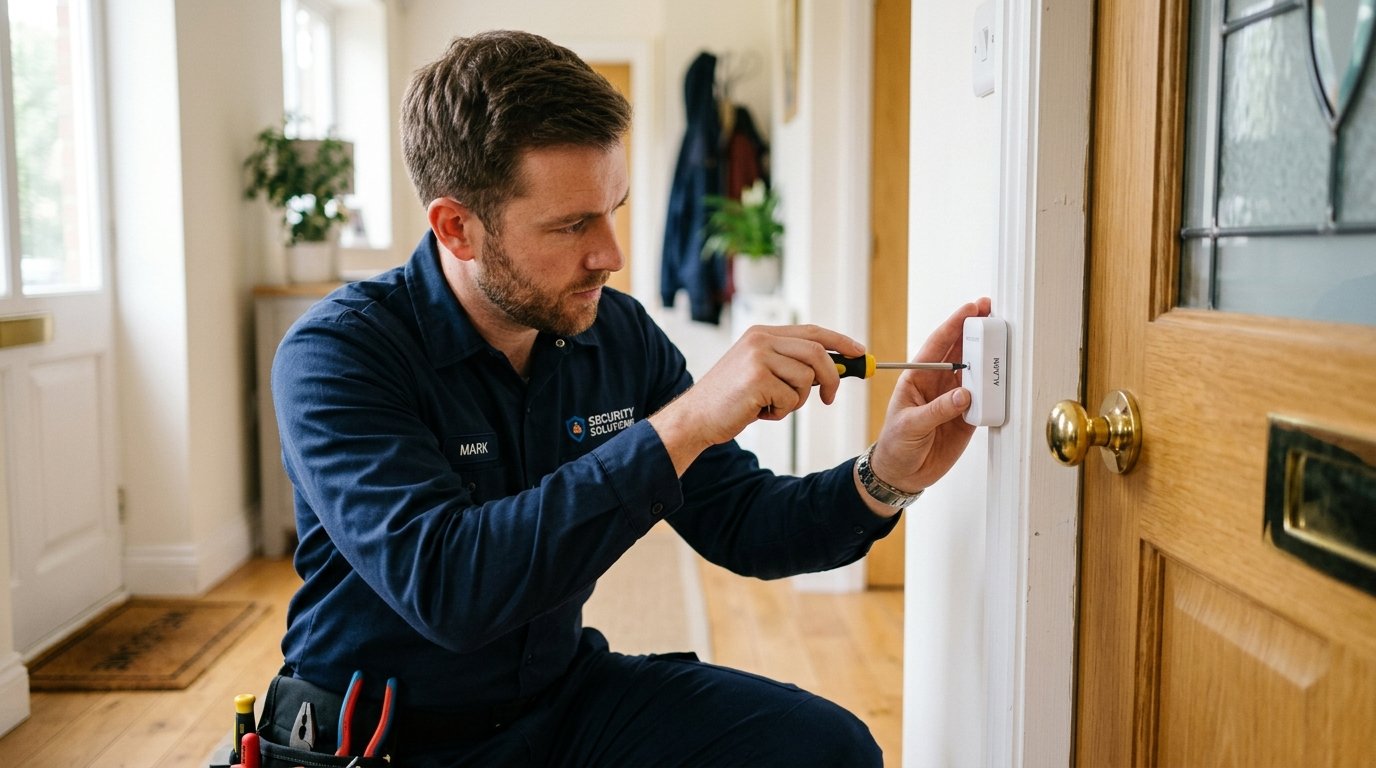 Professional installer mounting a door sensor