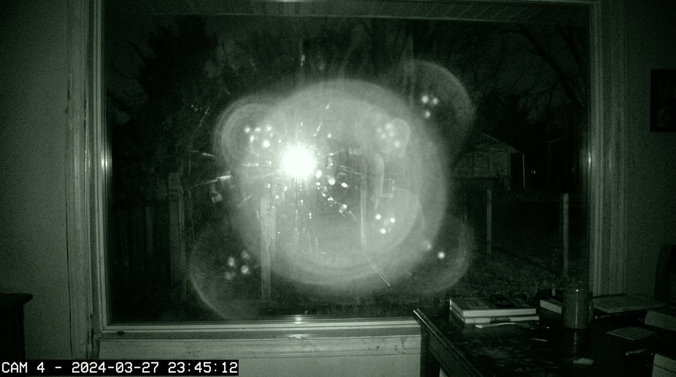 Infrared glare from a camera pointed through window glass at night