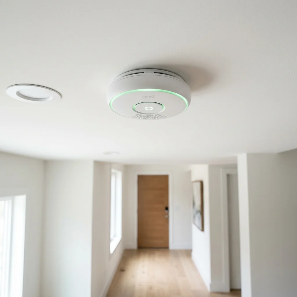 Monitored smoke and carbon monoxide detector on a ceiling