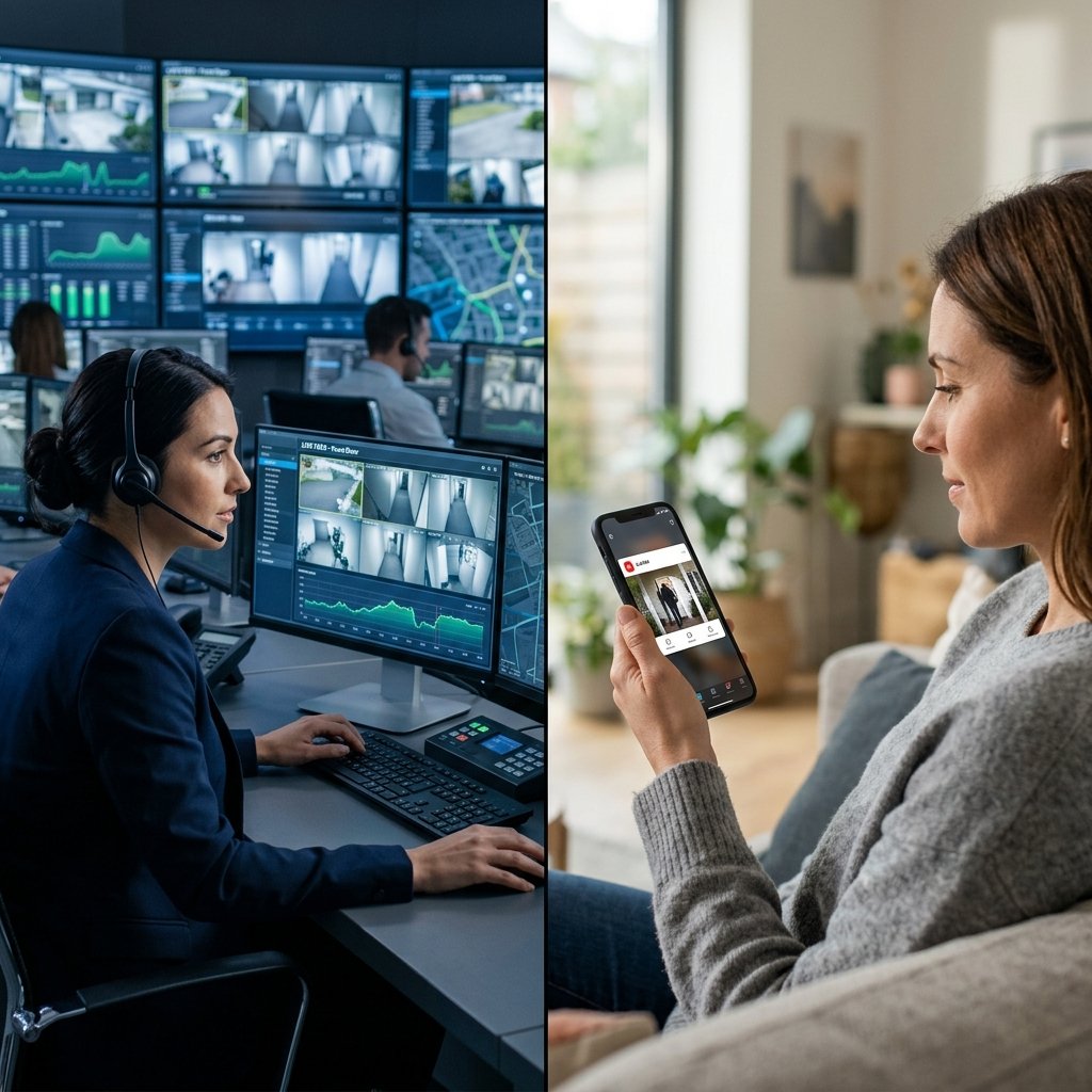 Self-monitoring alert on a phone versus a professional monitoring center