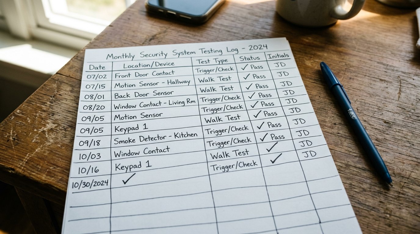 A monthly security system testing log