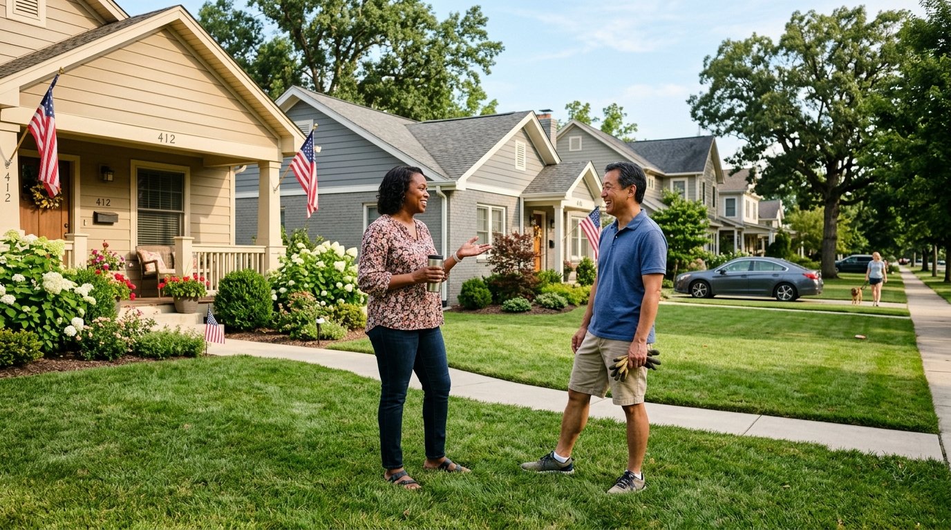 Neighbors speaking outside their homes