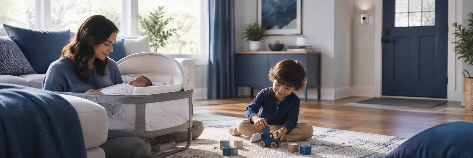 A parent receiving a door-open alert at home with a small child