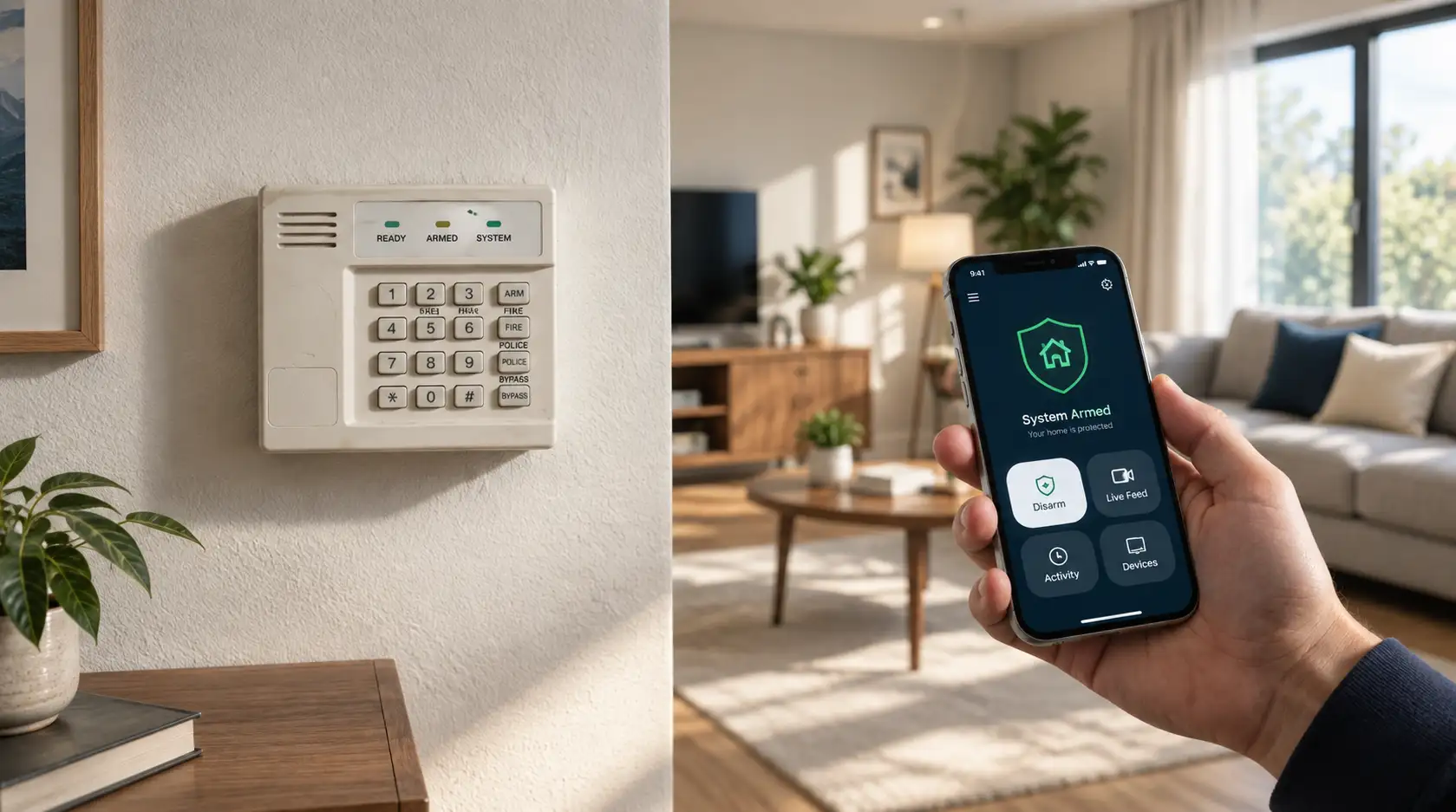 Old alarm keypad next to a modern home security app