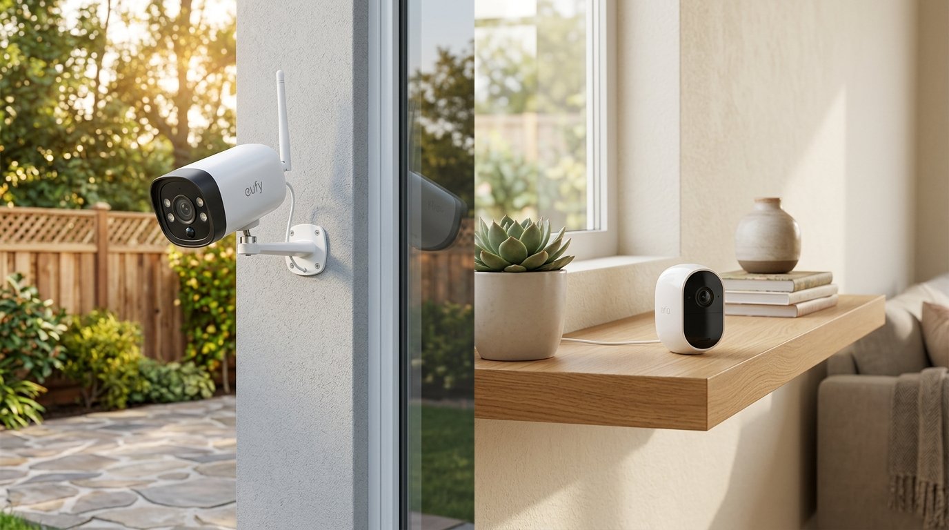Outdoor and indoor security cameras side by side
