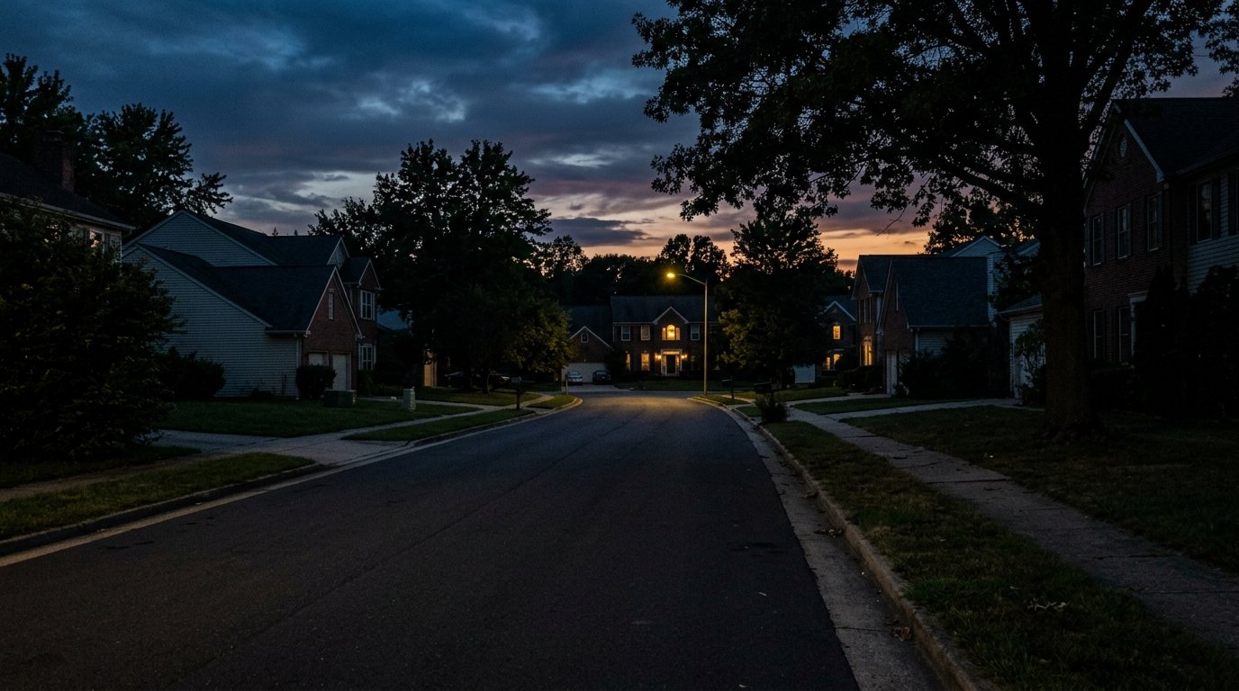 Residential street with limited street lighting at dusk