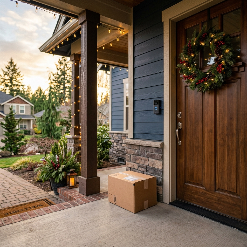 Holiday delivery package on porch protected by doorbell camera