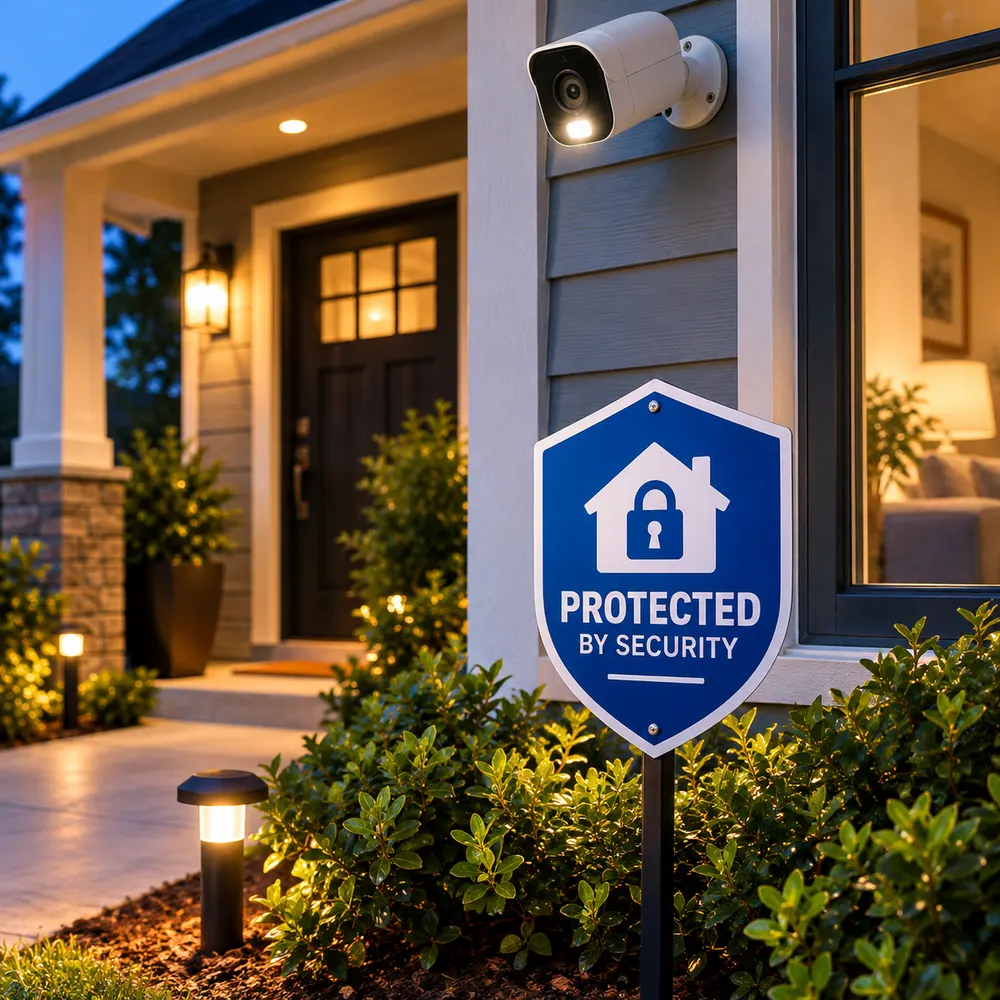 A security sign paired with a visible camera and lighting