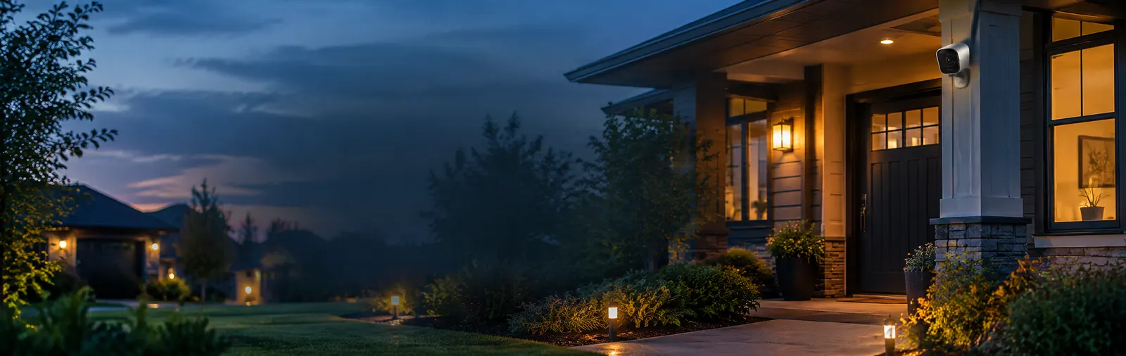 A front entrance at dusk with a visible security camera and porch lighting
