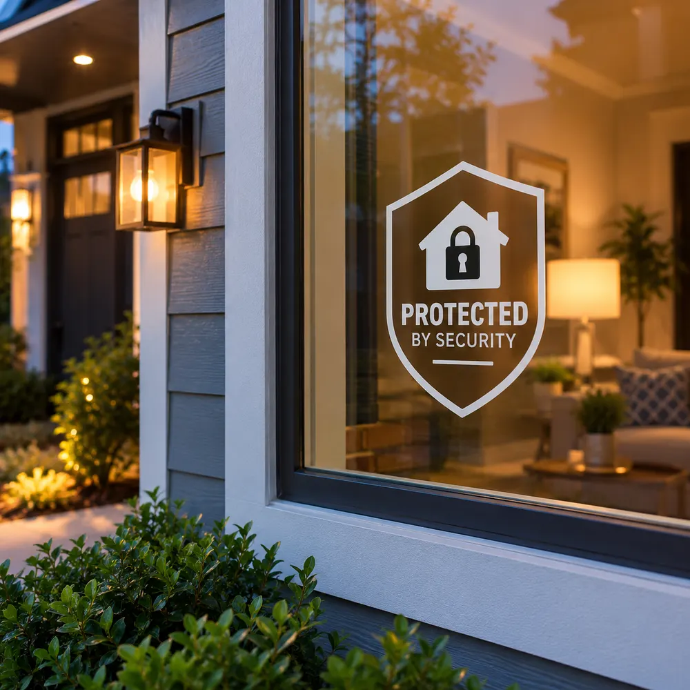 A security window sticker on a home