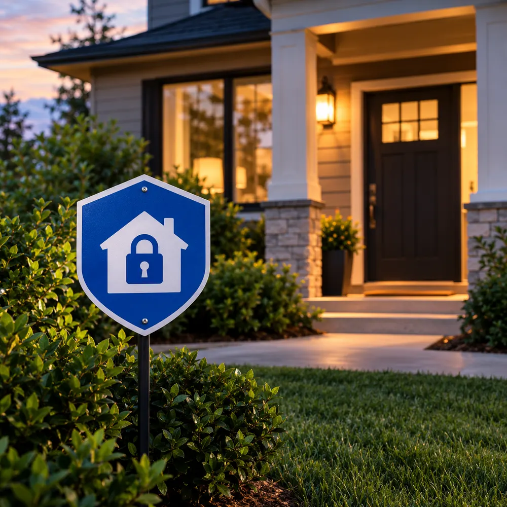 A home security yard sign near a front entrance