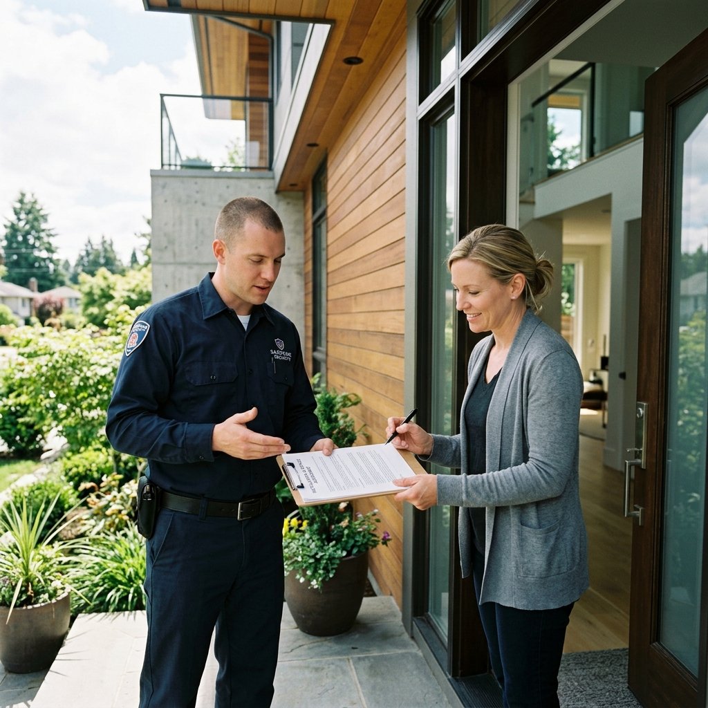 Security technician reviewing agreement terms with a homeowner