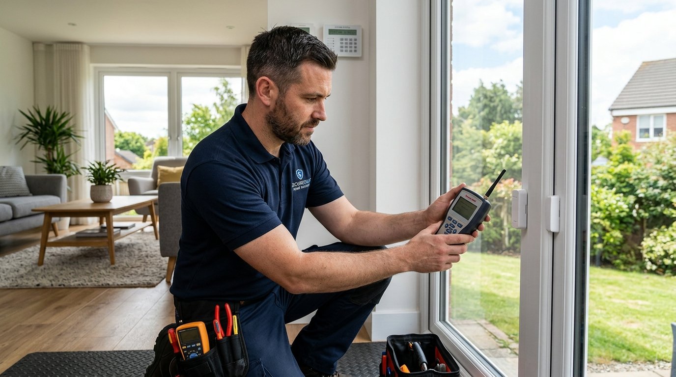 Technician testing an existing alarm sensor during a takeover