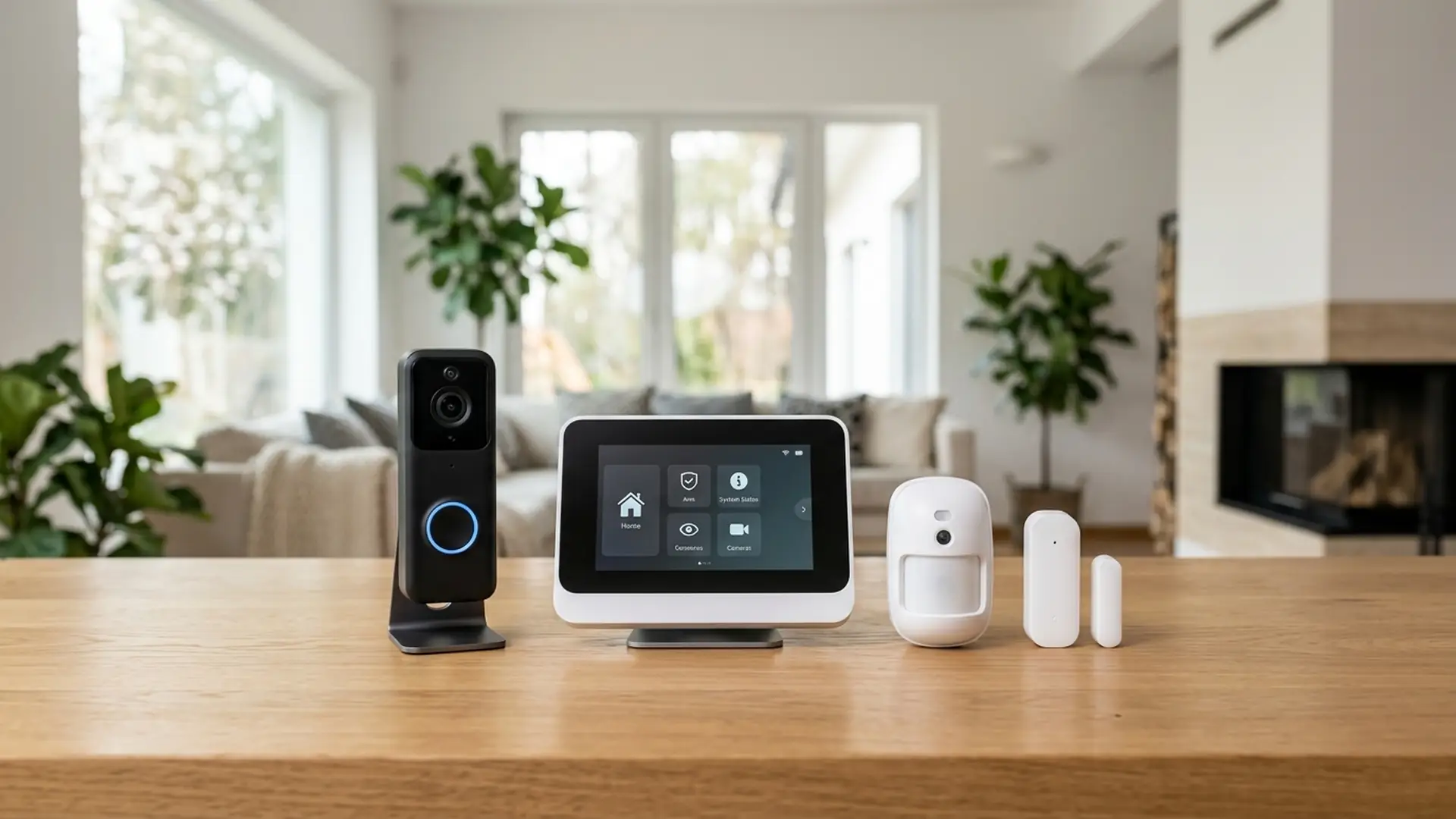 Video doorbell shown alongside a full home security system