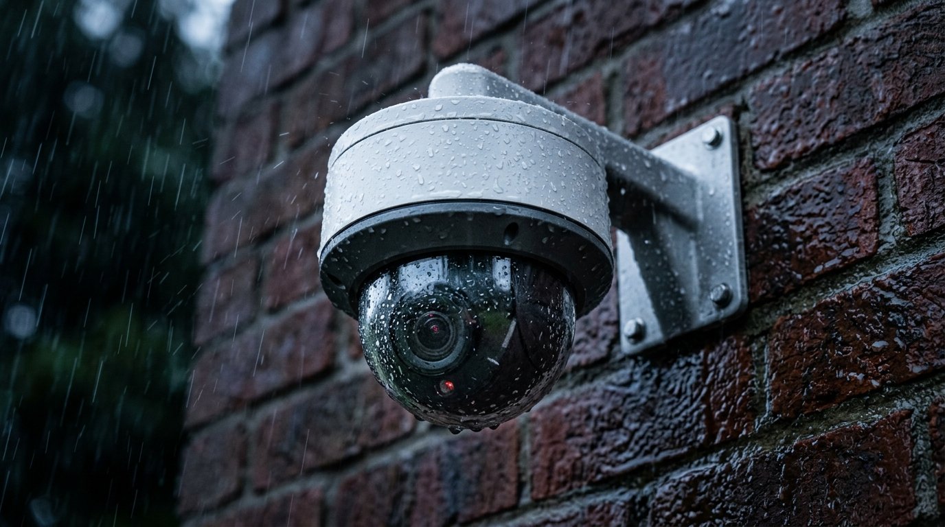 Weatherproof outdoor security camera housing in rain