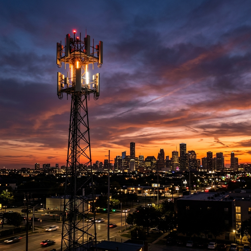 5G tower at dusk with city skyline