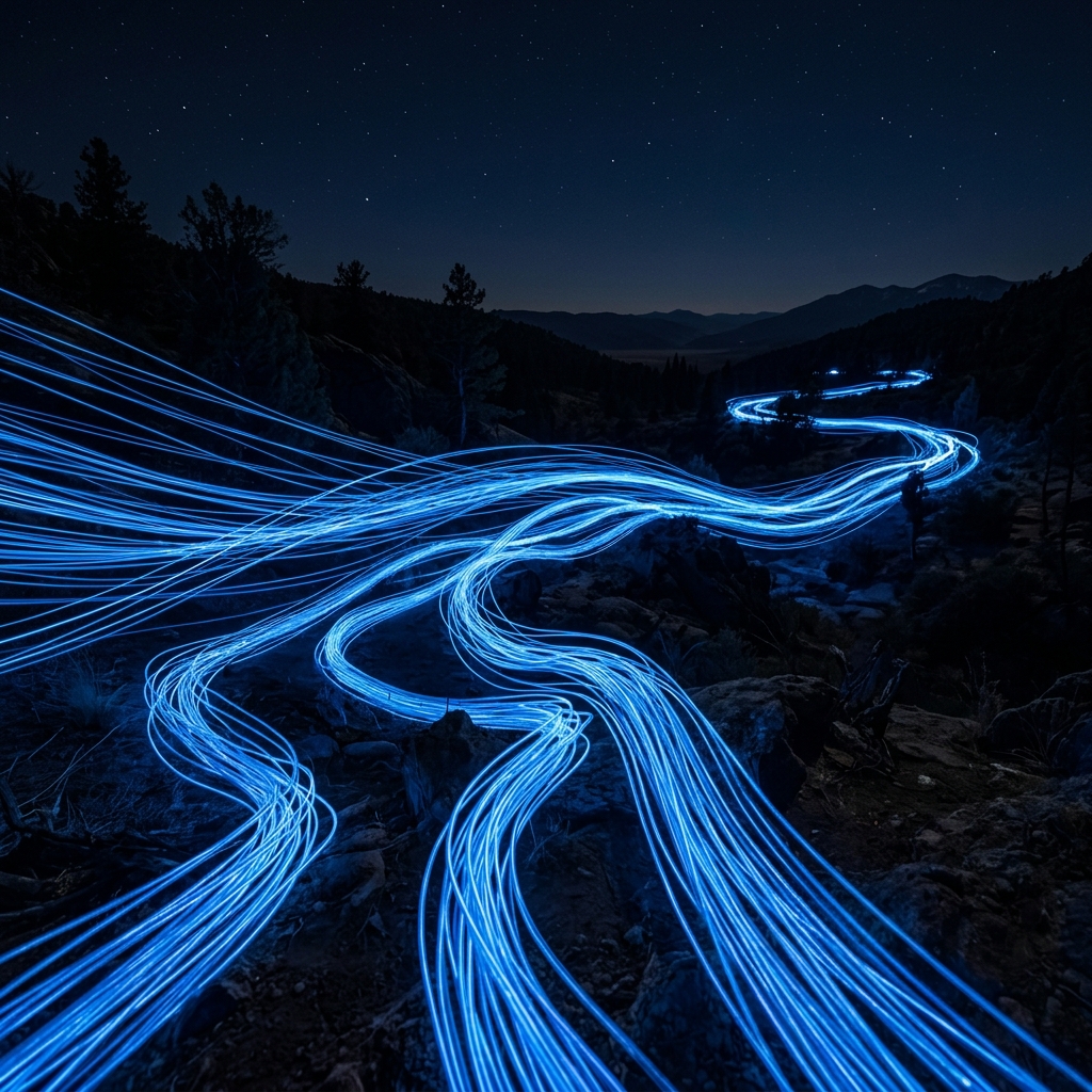 Fiber optic cables glowing blue