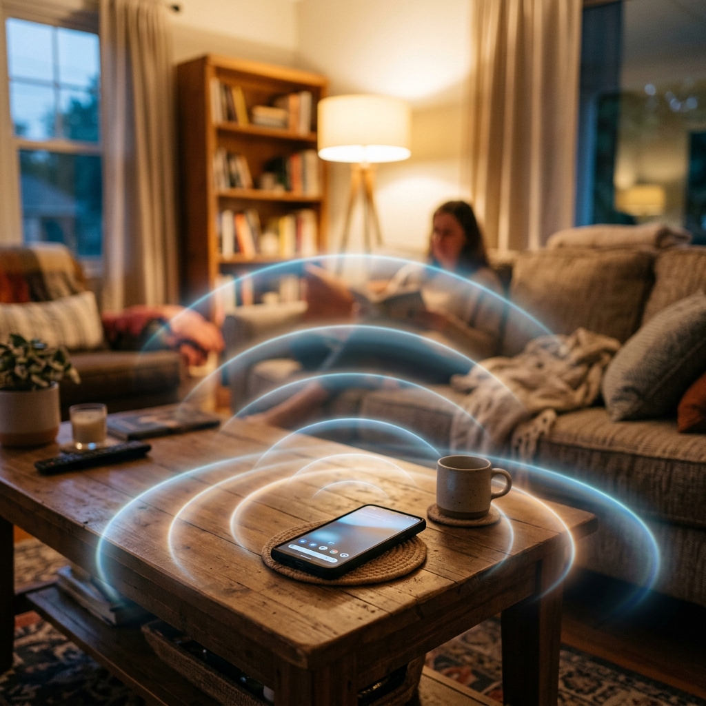 Smartphone showing wireless signal in home living room
