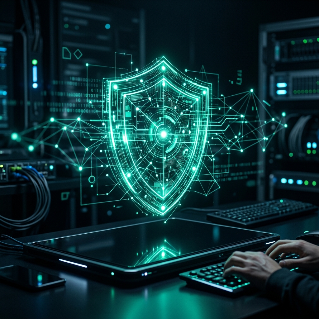 Cybersecurity shield hologram in teal