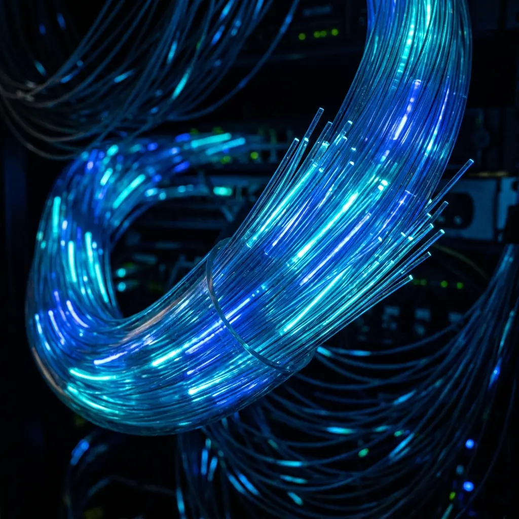Fiber optic cables with light pulses traveling through glass strands
