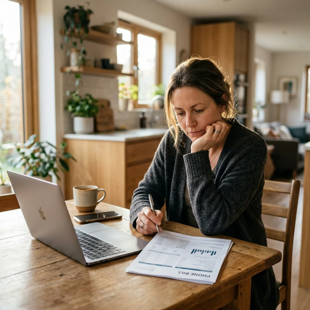 Parent reviewing family phone bill at kitchen table
