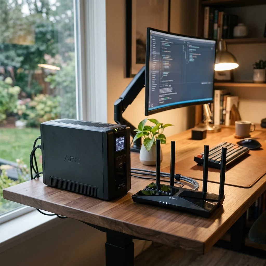 Battery backup and router on a desk