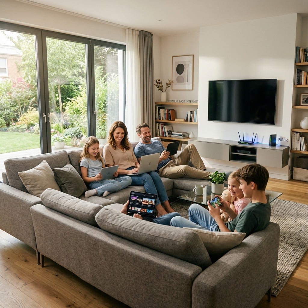 Family using fast fiber internet