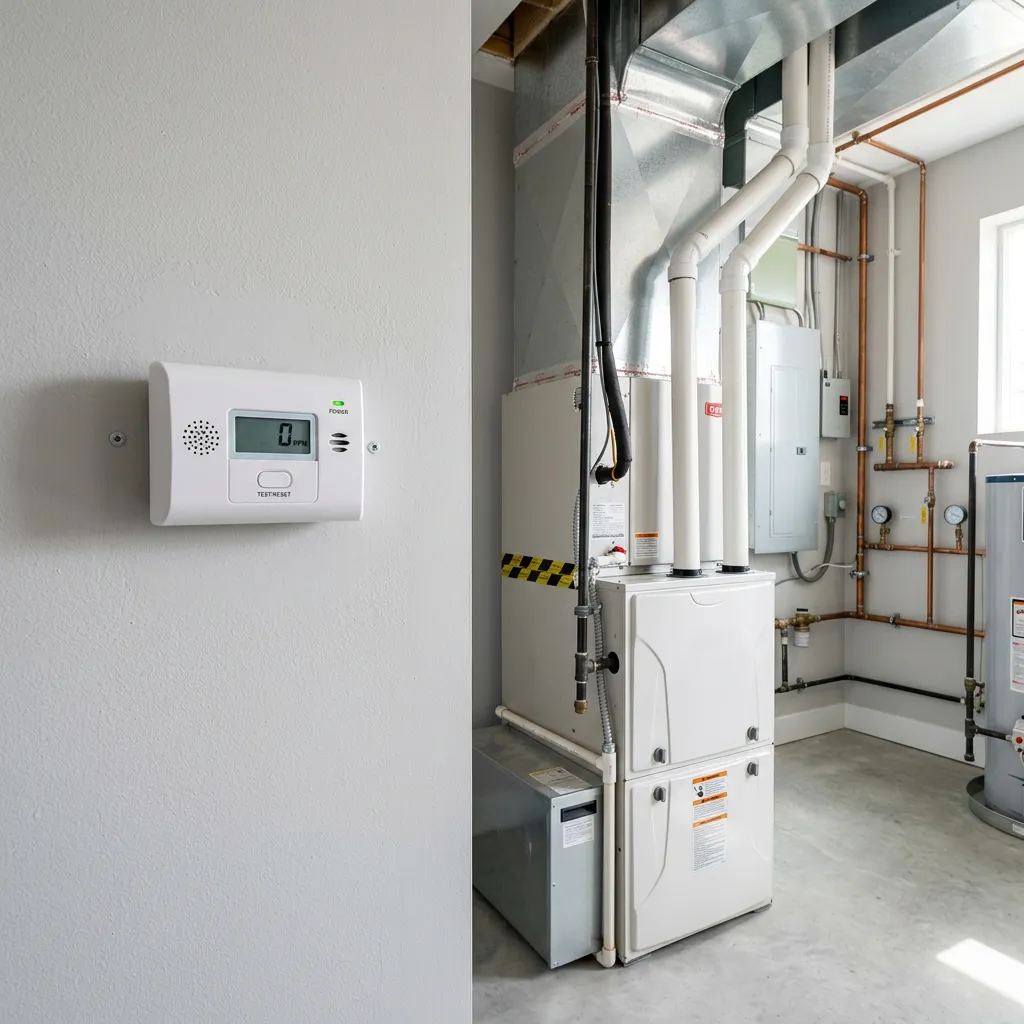 Carbon monoxide detector installed near gas furnace for continuous CO monitoring