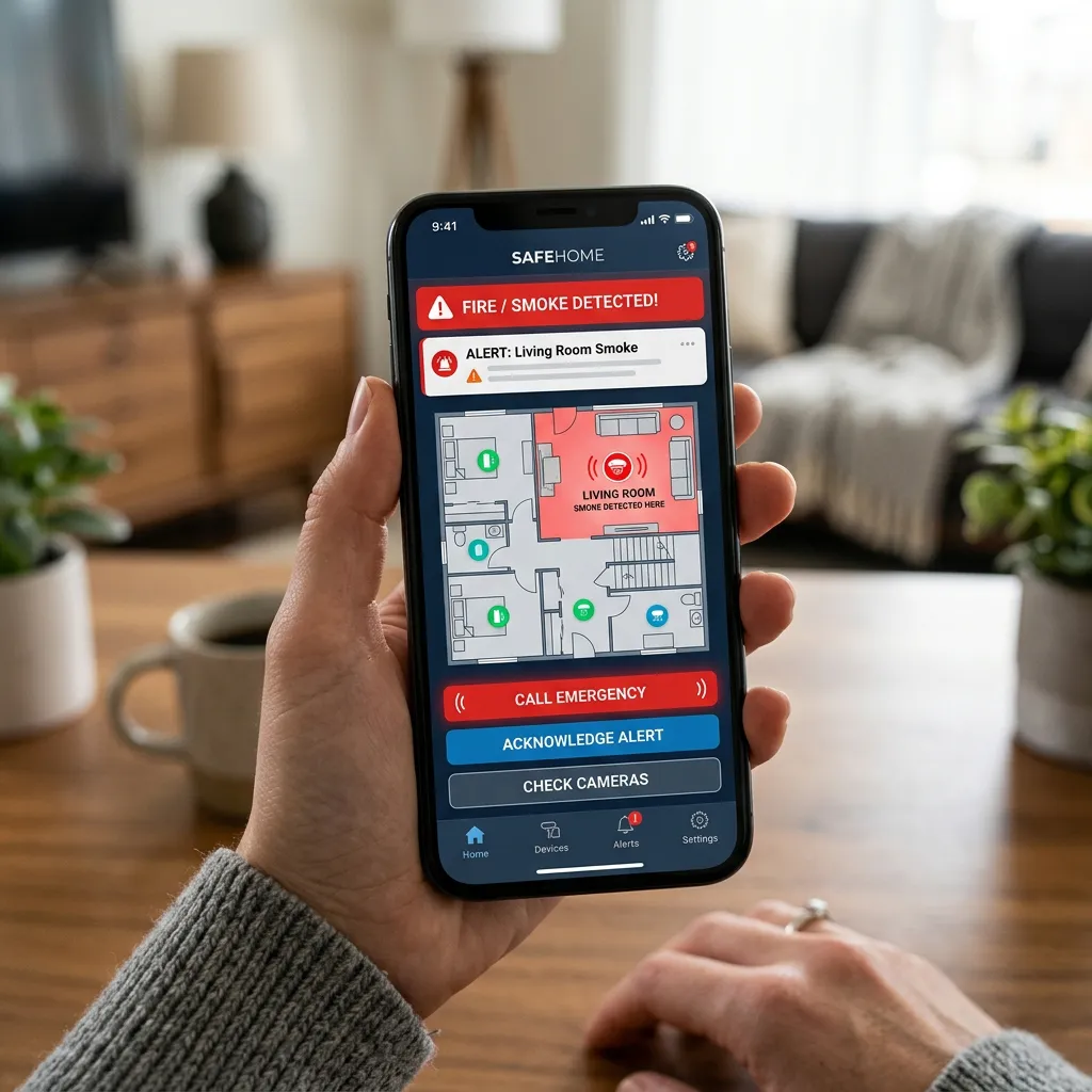 Smartphone showing monitored smoke and CO detection alert with automatic fire department dispatch