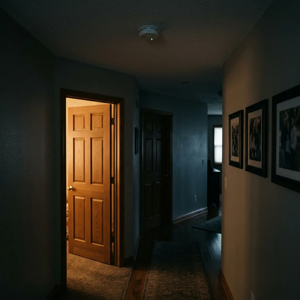 Quiet home at night protected by monitored smoke and CO detectors