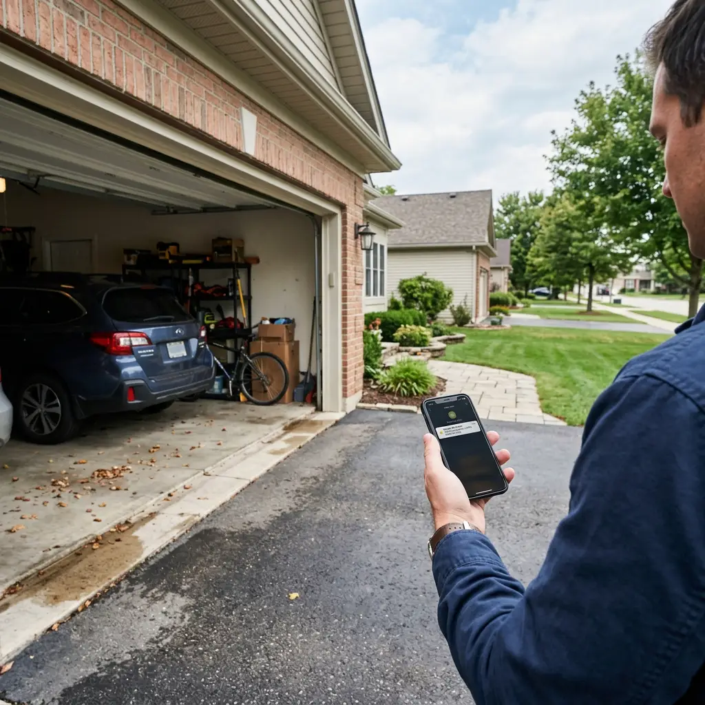 Open garage door showing vulnerability while checking smartphone