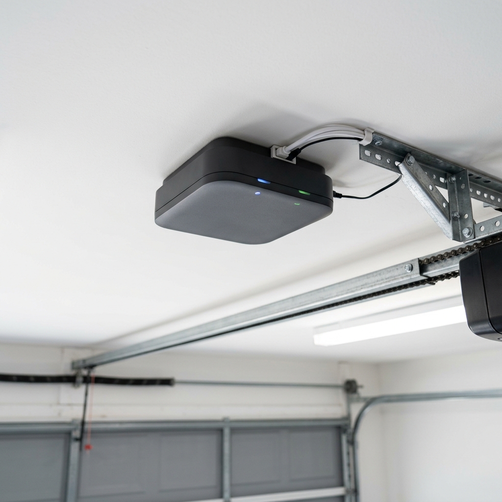 Close-up of smart garage door opener installed on ceiling