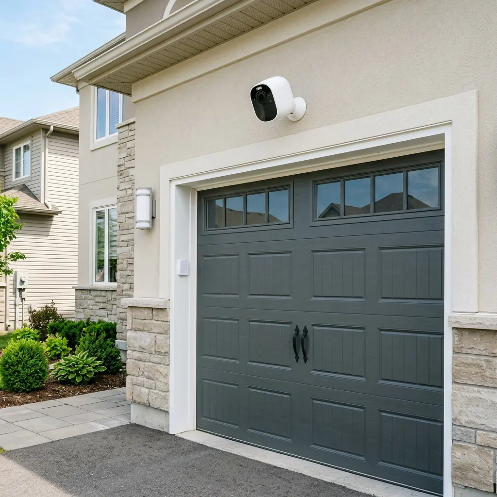 Smart home security camera integrated with garage door