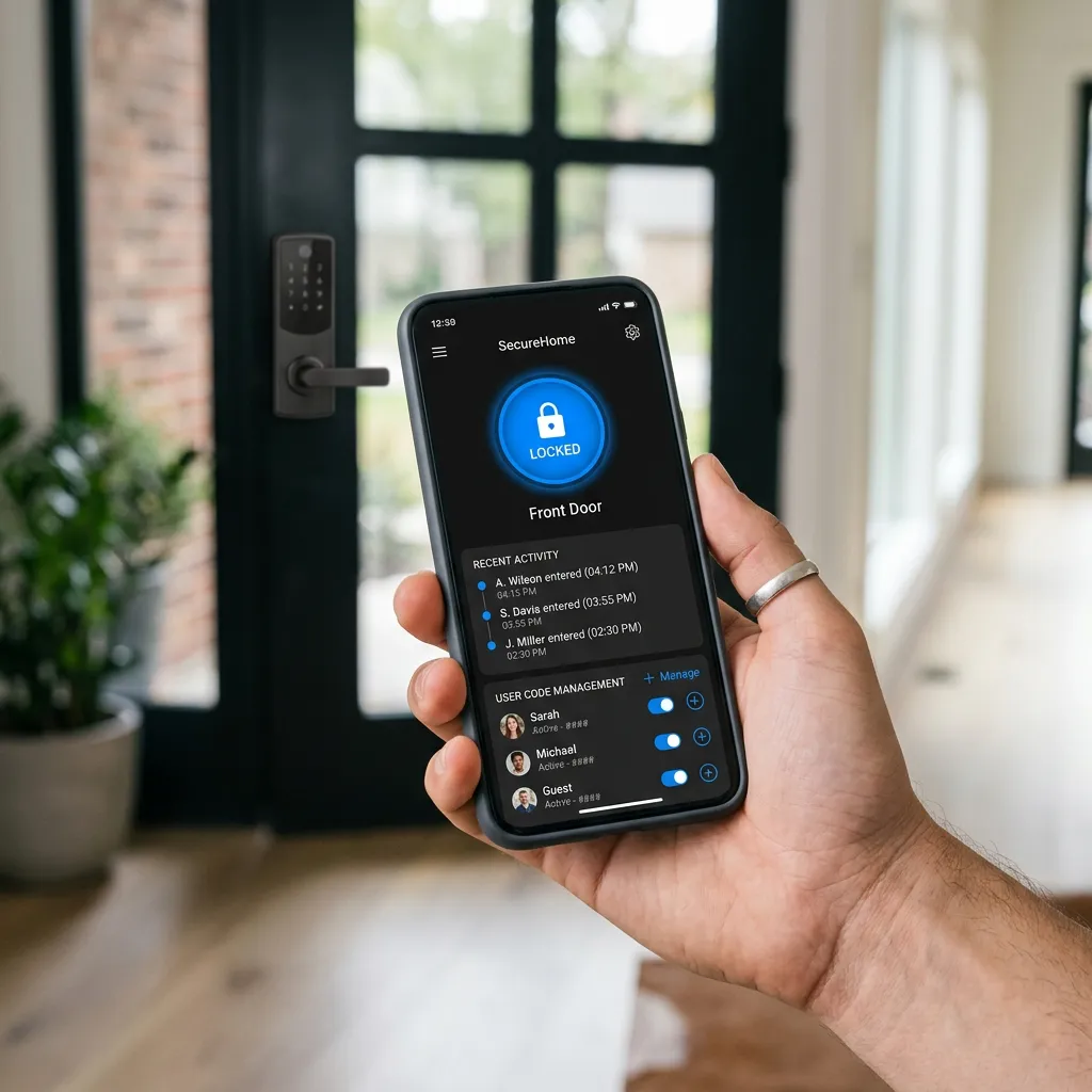 Smart lock app showing access codes, activity log, and remote unlock controls